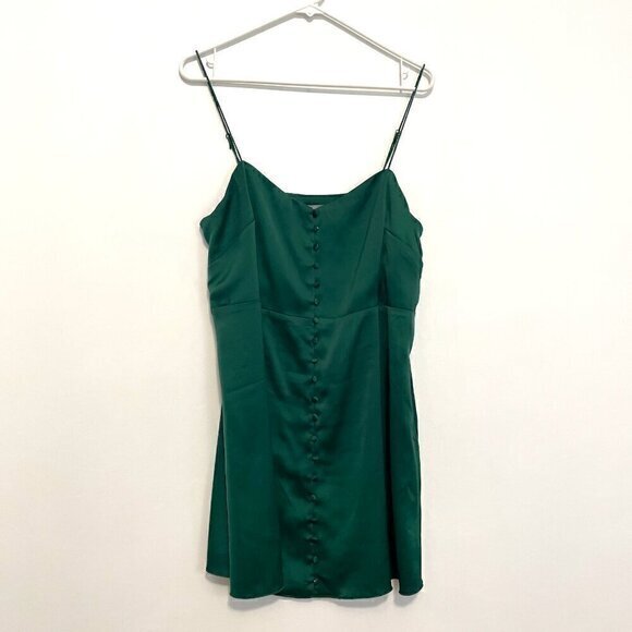 NEW NWT URBAN OUTFITTERS Padova Satin Slip Dress Emerald Green Button Front Mini - Picture 2 of 16